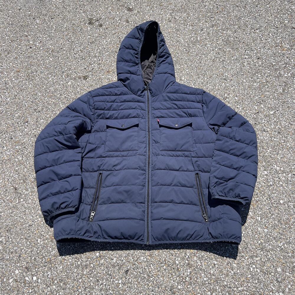Levis Jacket Mens 2XL Blue Hooded Puffer Quilted Full Zip Insulated Winter
